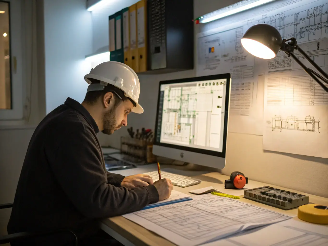 A professional engineer reviewing detailed technical blueprints and schematics on a large desk, with digital screens displaying building and data centre layouts, representing expert design package services for construction projects.